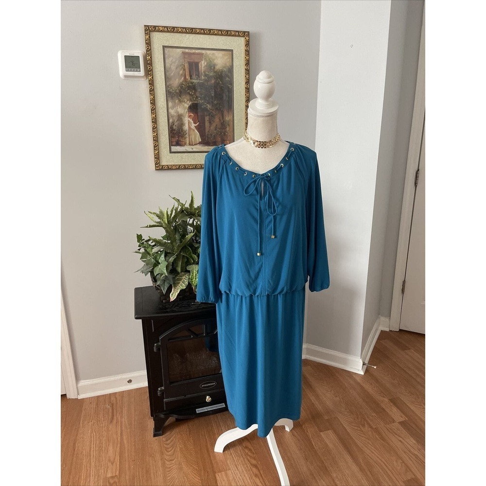 Nine West Sheath 16 Dress Teal‎ 3/4 Sleeve Collarless Elastic Waist Tie Neckline